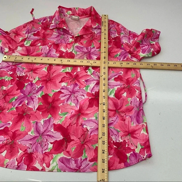 Vintage Pink Floral Blouse Large‎ Pop Over  Waist Tie Office Boho Classic USA - Picture 9 of 9